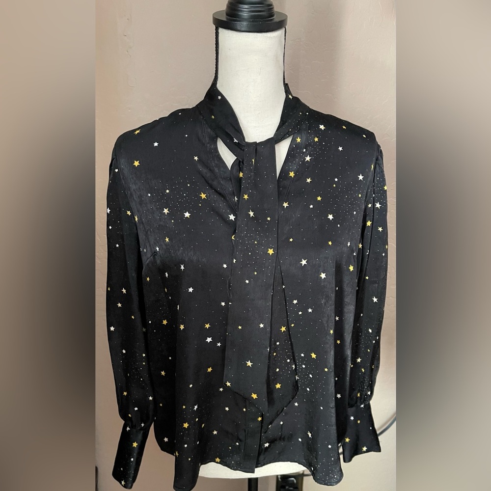 Investments Black Star-Print Tie-Neck Blouse